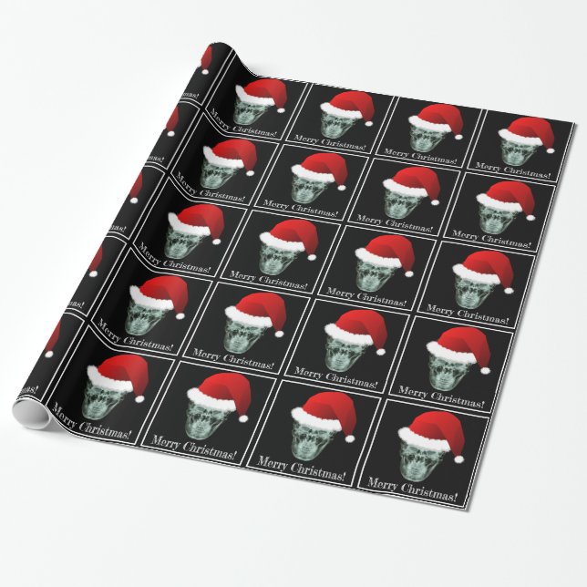 Skull in Santa Hat Christmas Wrapping Paper (Unrolled)