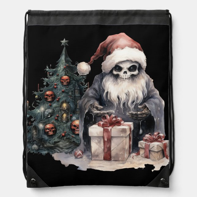 Skull in Santa hat with gothic Christmas tree Drawstring Bag (Front)