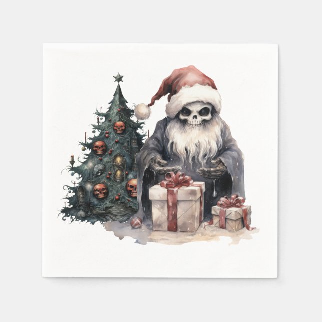 Skull in Santa hat with gothic Christmas tree Napkins (Front)