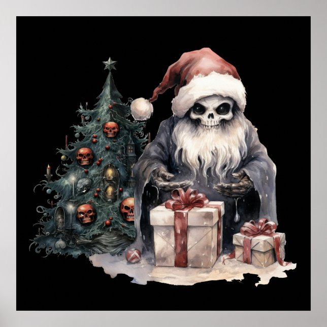 Skull in Santa hat with gothic Christmas tree Poster (Front)