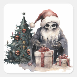 Skull in Santa hat with gothic Christmas tree Square Sticker
