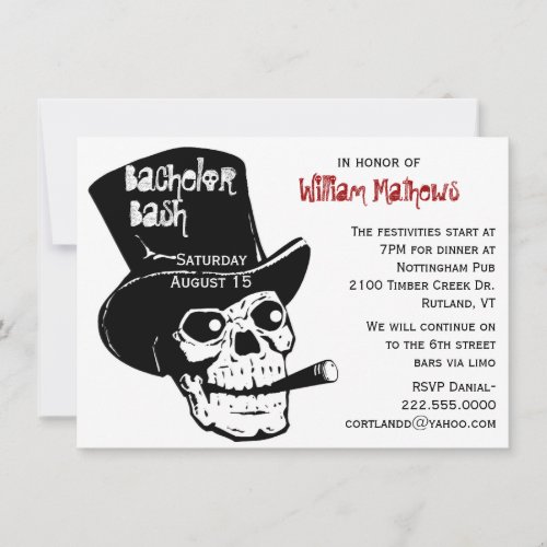 Skull in Top Hat Bachelor Party Invitation