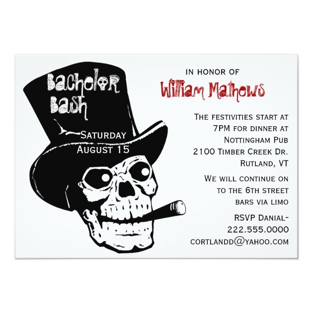 Skull In Top Hat Bachelor Party Invitation