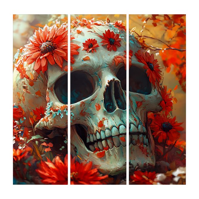 Skull in Wildflowers Autumn Halloween Triptych (Front)