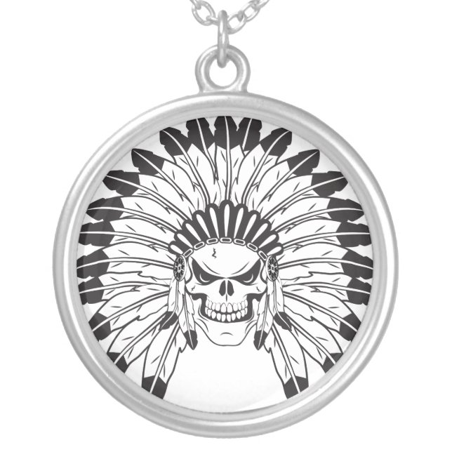 Skull Indian Chief Silver Plated Necklace (Front)