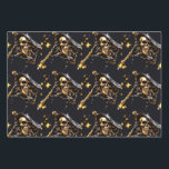 Skull jolly roger pirate flag black gold 3D  Wrapping Paper Sheets<br><div class="desc">A realistic grinning 3D skull rests against a black flag that is set against a midnight black background that has faux shimmering stars and fireflies. The skulls are set in a seamless, repeating pattern and are ideal for halloween, gothic and pirate theme birthday parties. They are suited to both adults...</div>