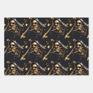 Skull jolly roger pirate flag black gold 3D  Wrapping Paper Sheets