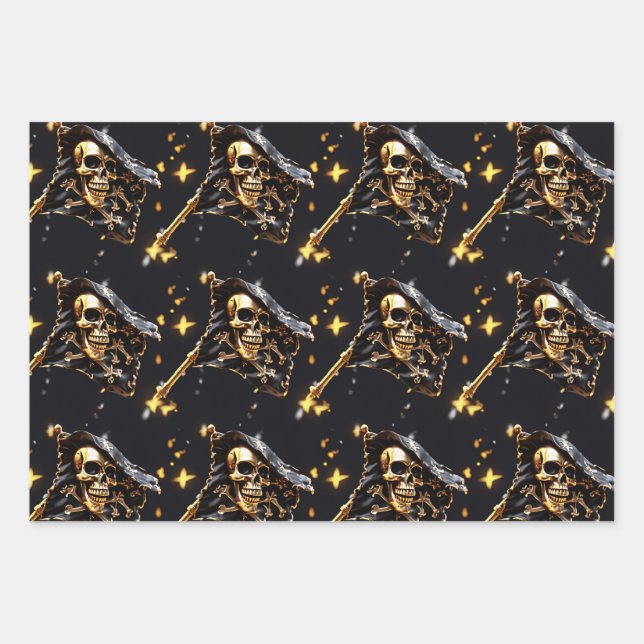 Skull jolly roger pirate flag black gold 3D  Wrapping Paper Sheets (Front)