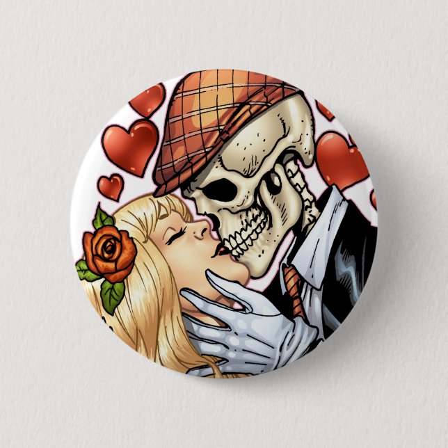 Skull Kiss with Hearts and Roses by Al Rio Button (Front)