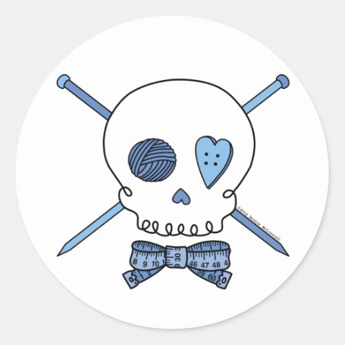 Skull  Knitting Needles Blue Classic Round Sticker