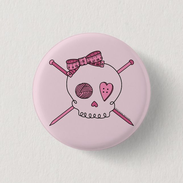 Skull & Knitting Needles (Pink Background) Button (Front)