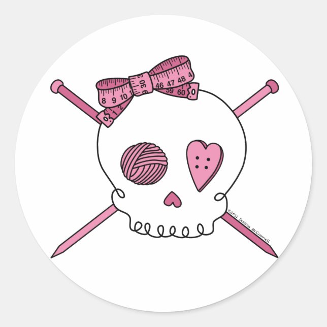 Skull & Knitting Needles (Pink) Classic Round Sticker (Front)