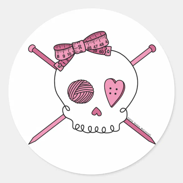 Skull & Knitting Needles (Pink) Classic Round Sticker | Zazzle