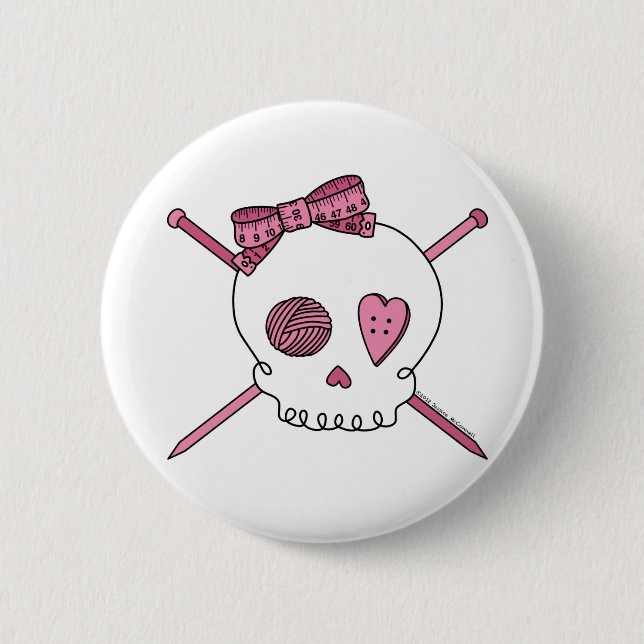 Skull & Knitting Needles (Pink) Pinback Button (Front)