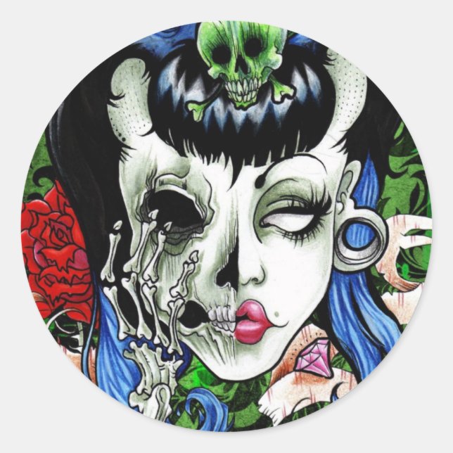 skull lady classic round sticker (Front)