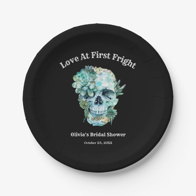 Skull Love at First Fright Halloween Bridal Shower Paper Plates (Front)