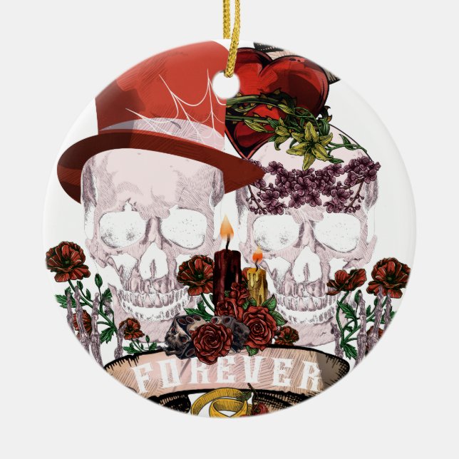Skull Love Marriage Skeleton Couple Ceramic Ornament (Front)