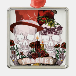 Skull Love Marriage Skeleton Couple Metal Ornament