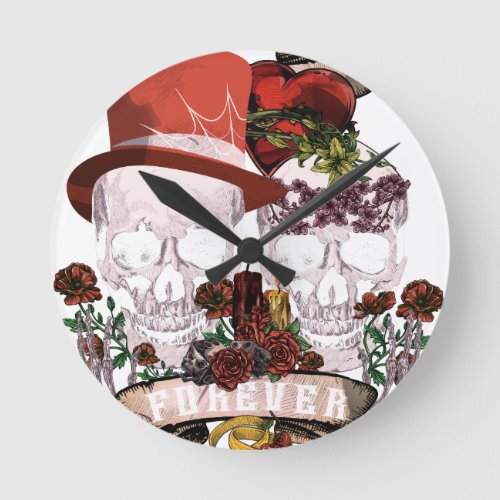 Skull Love Marriage Skeleton Couple Round Clock