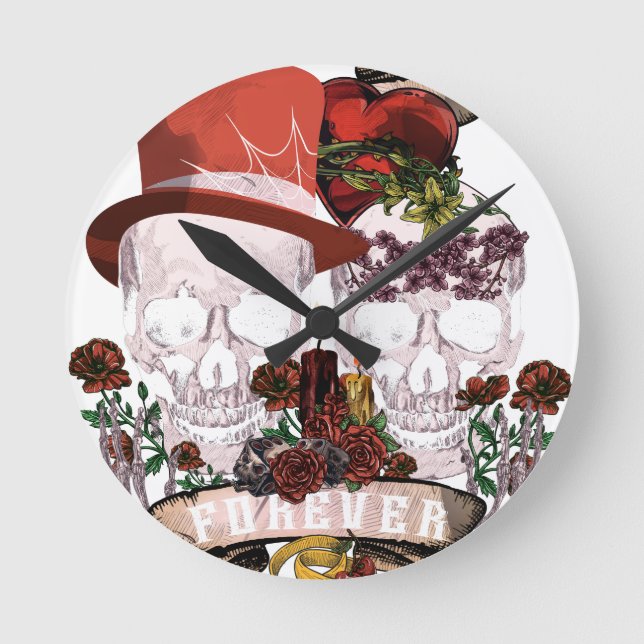 Skull Love Marriage Skeleton Couple Round Clock (Front)