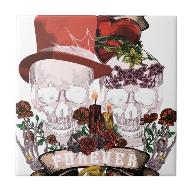 Skull Love Marriage Skeleton Couple Tile (Front)