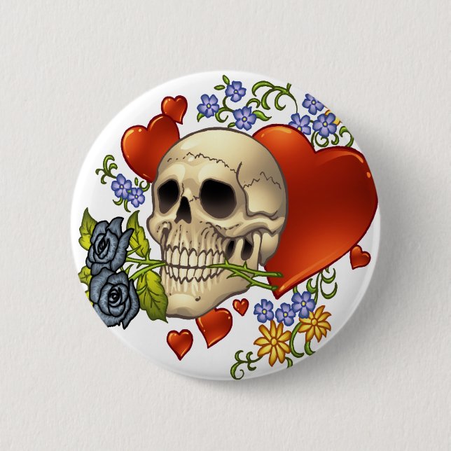 Skull Love - Skulls, Roses and Hearts by Al Rio Button (Front)