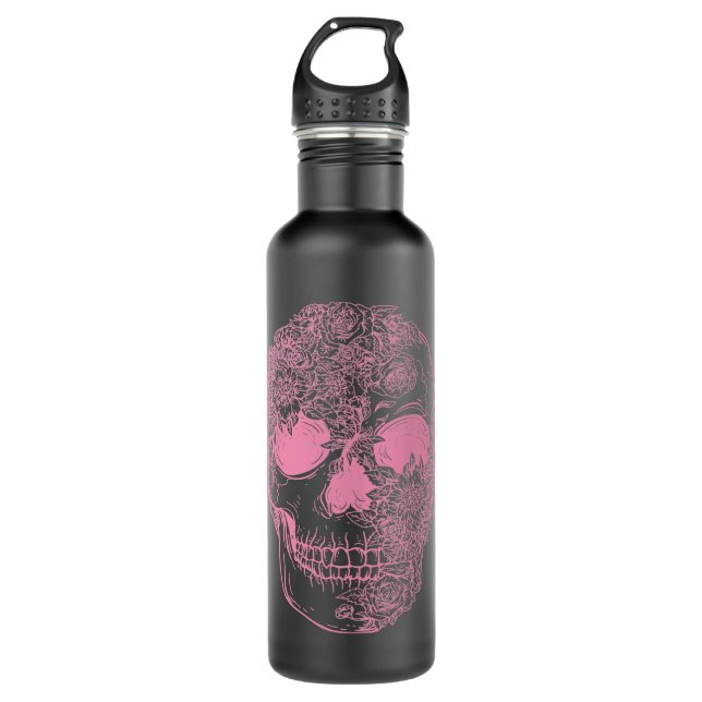 Skull Lover Skeleton Rose Pink Floral Skull Skulls Stainless Steel Water Bottle (Front)