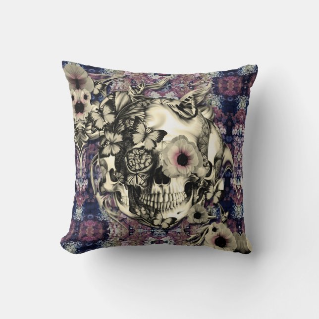 Skull made of poppies and butterflies throw pillow (Front)