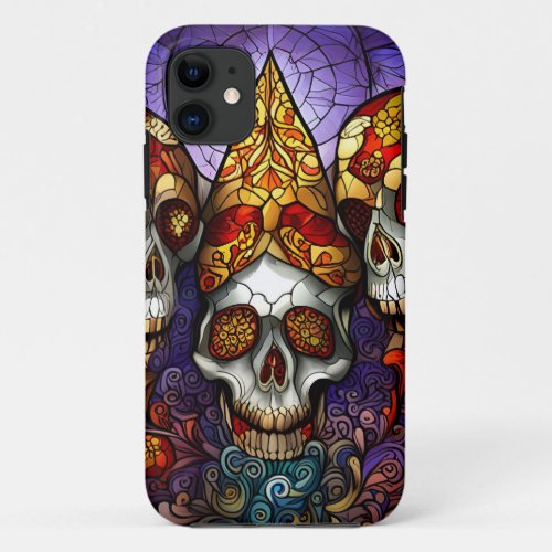 Skull Magician Faux Stained_Glass Skull  iPhone 11 Case