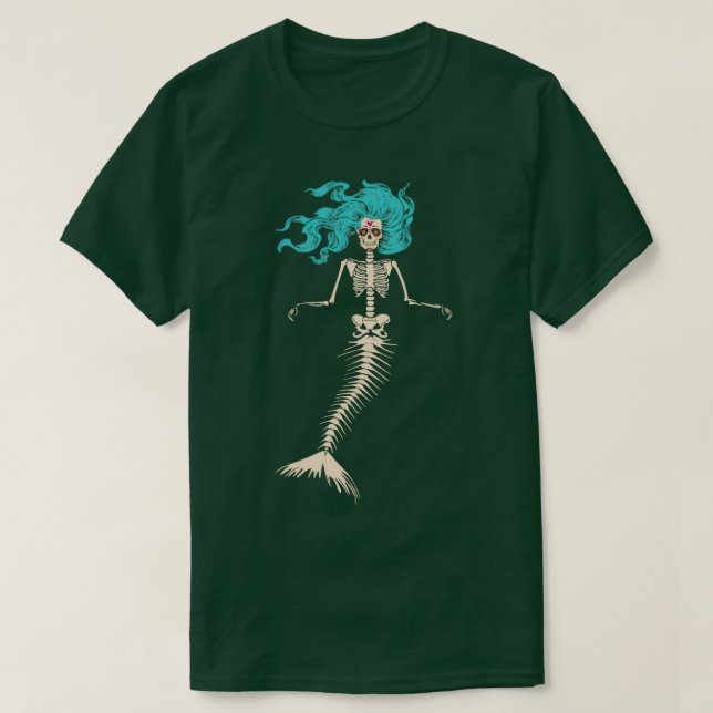Skull Mermaid Goth Skeleton Long Sapphire Hair T-Shirt (Design Front)