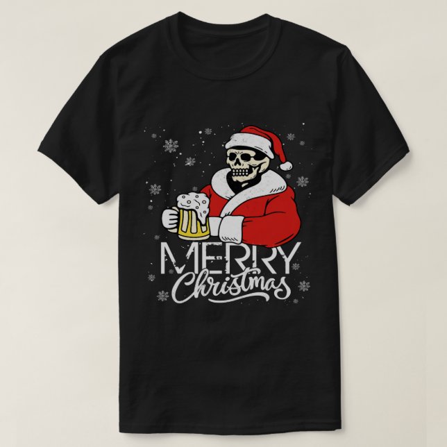 Skull Merry Christmas Skull Hat Santa Claus Drink  T-Shirt (Design Front)