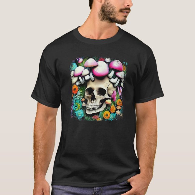 Skull Mushrooms Collector Graphic Art Mushroom Pic T-Shirt (Front)