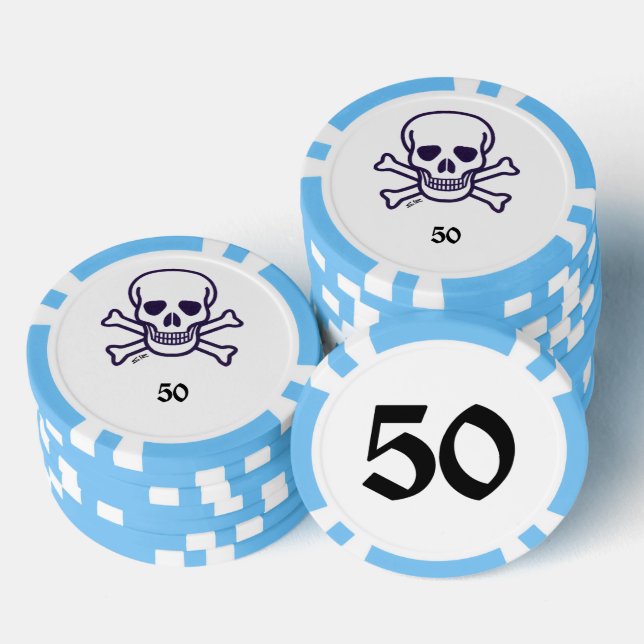Skull n Bones 50 light blue striped poker chip (Stack)