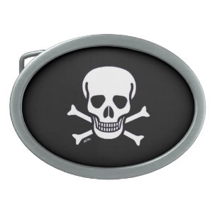 Skull n Bones black oval silver belt buckle