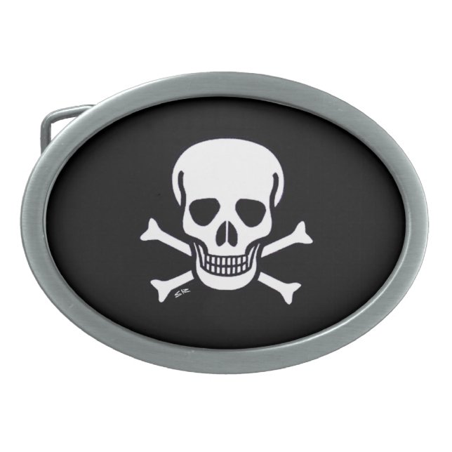 Skull n Bones black oval silver belt buckle (Front)
