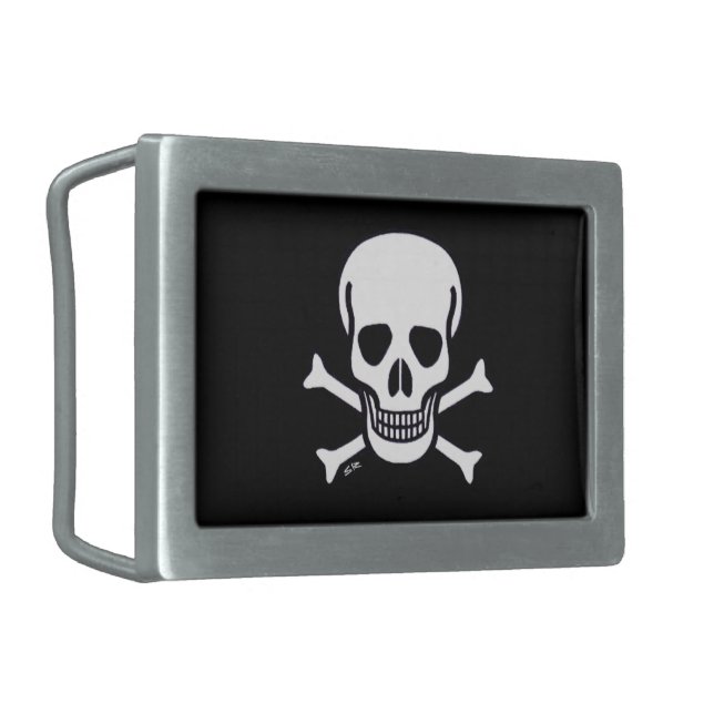 Skull n Bones black rectangle silver belt buckle (Front Left)