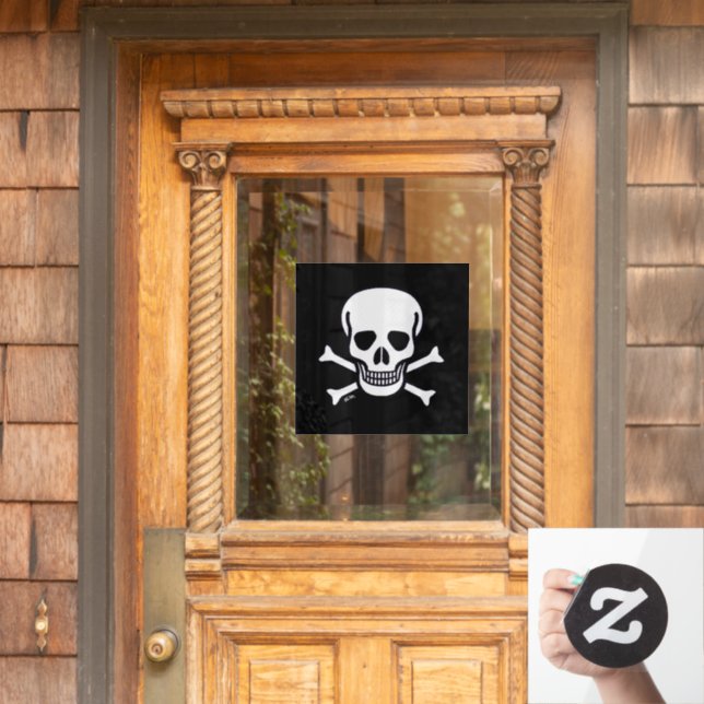 Skull n Bones black sq window cling front stick (Home Door)