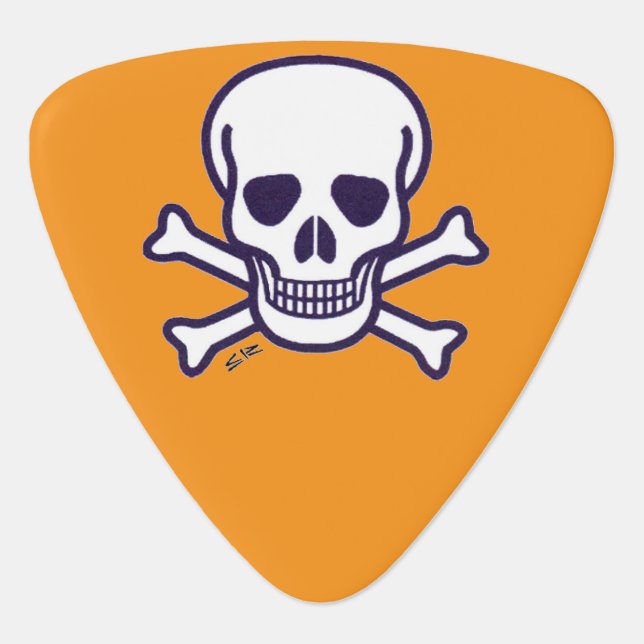 Skull n Bones orange triangle guitar pick (Front)