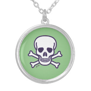 Skull n Bones white green silver plate necklace