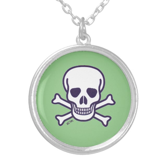 Skull n Bones white green silver plate necklace (Front)