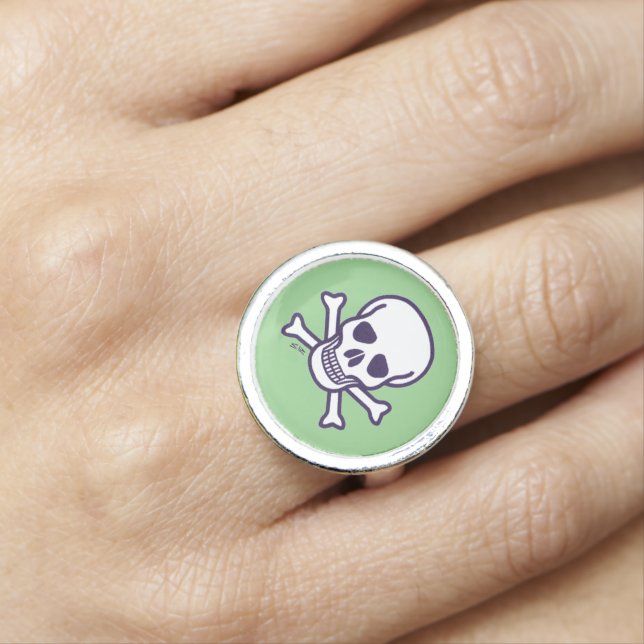 Skull n Bones white green sterling silver ring (In Situ)