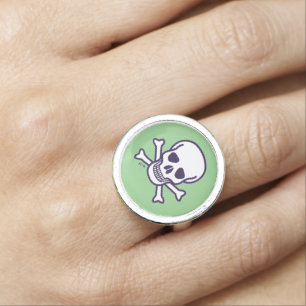 Skull n Bones white green sterling silver ring