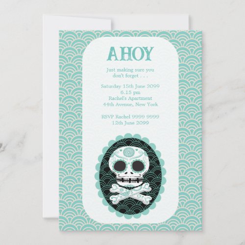 Skull n Crossbones Teal Designer Notice Invite 