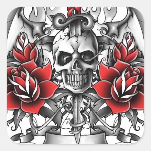 Skull n Dagger with Devil wings Square Sticker