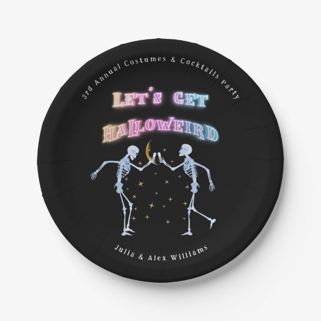 Skull Neon Halloween Halloweird Dancing Skeletons Paper Plates (Front)