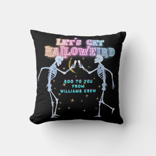 Skull Neon Halloween Halloweird Dancing Skeletons Throw Pillow
