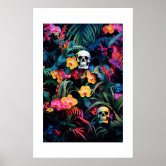 Skull Neon Jungle | Orchid Flowers Poster
