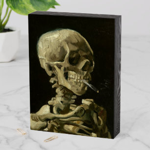 Skull of a Skeleton with Burning Cigarette Wooden Box Sign