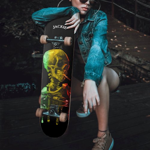 Skull of Skeleton with Burning Cigarette Van Gogh Skateboard