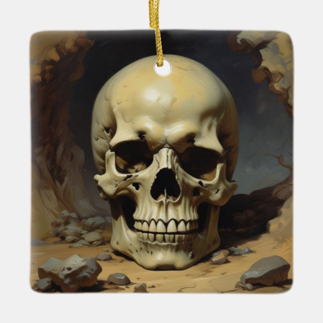 Skull Oil Painting Style Painting Illustration Ceramic Ornament (Front)